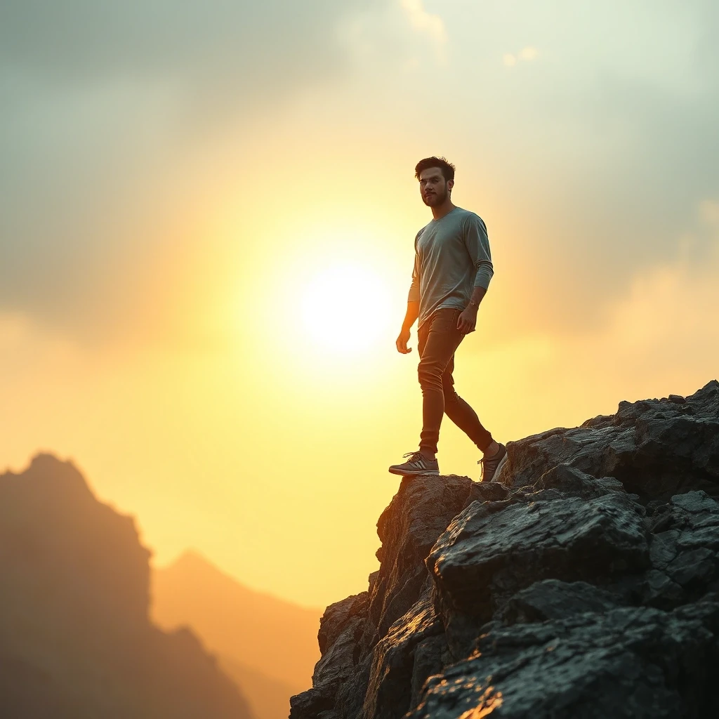 A person standing on the edge of a rocky cliff, representing the past — solid, gray, familiar. They are already stepping forward into a luminous glowing space, representing the…