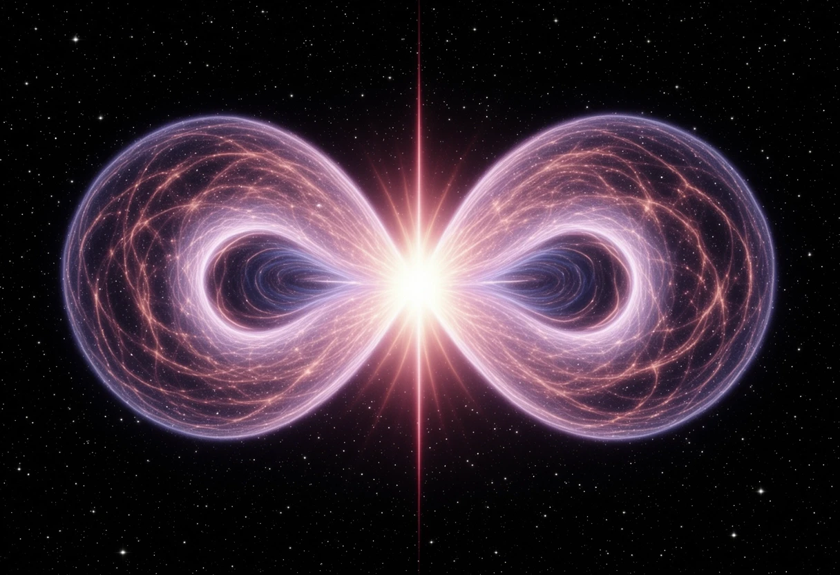 "A massive galactic quantum spiral shaped like an hourglass, consisting of two gigantic rotating energy funnels that taper and meet at the exact center. A blinding quantum…