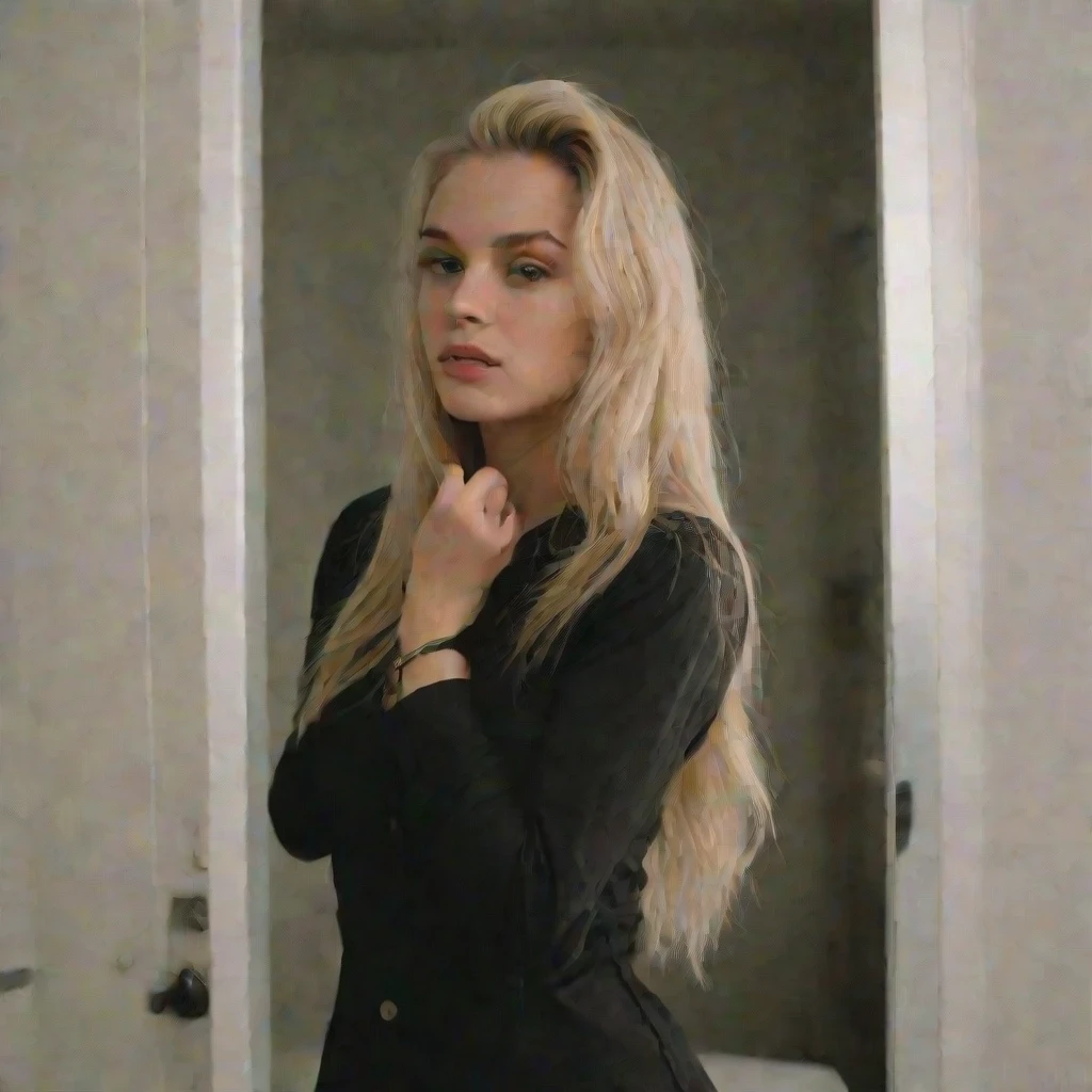 Woman with blonde long fluffy full volume hair , looking into mirror wearing black long sleeve 3 button up 2000s tight vintage shirt one hand in hair , mo — работа пользователя…