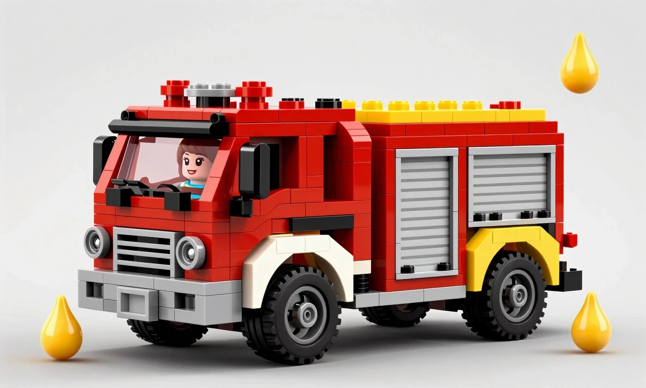 Lego version, transformable fire truck, woman, red, complementary color, yellow, cheerful, mayonnaise drops, illustration, 8k, cinematic style digital art, high quality, 8k…