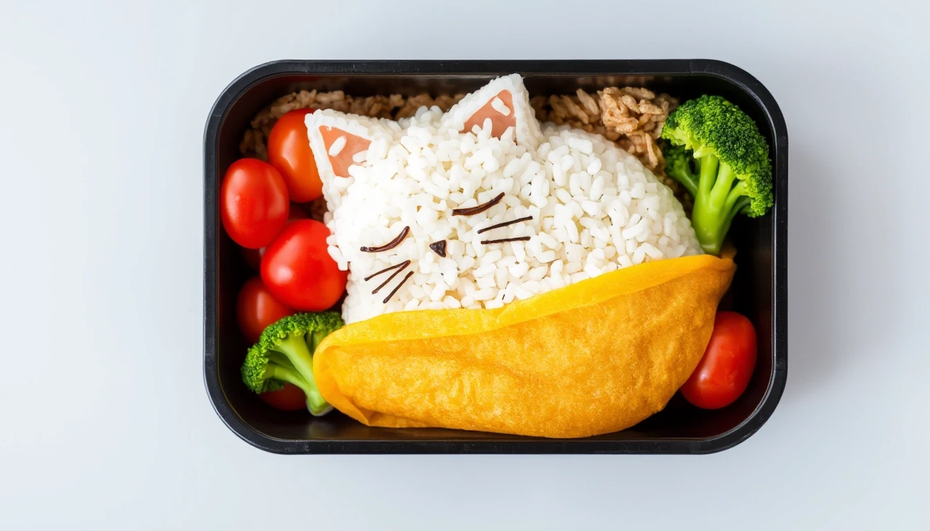A perfectly arranged Japanese bento box featuring a sleeping cat made of fluffy white rice, with nori details for its eyes and whiskers, snuggled under a blanket made of a thin…