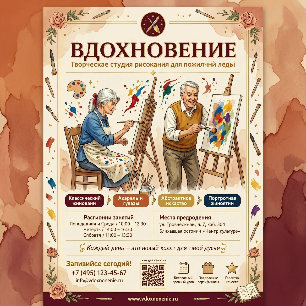 Создай рекламную афишу для творческой студии рисования "вдохновение" для пожилых людей — работа пользователя Очаровательная Пыль