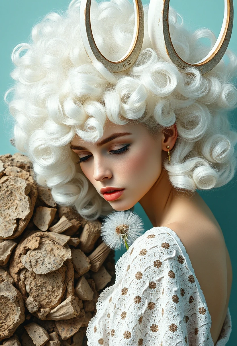 Description: Photorealistic detailed concept art in a minimalist style, various textures, stone and bark, aesthetic, attractive white albino woman looking down, mint lips,…