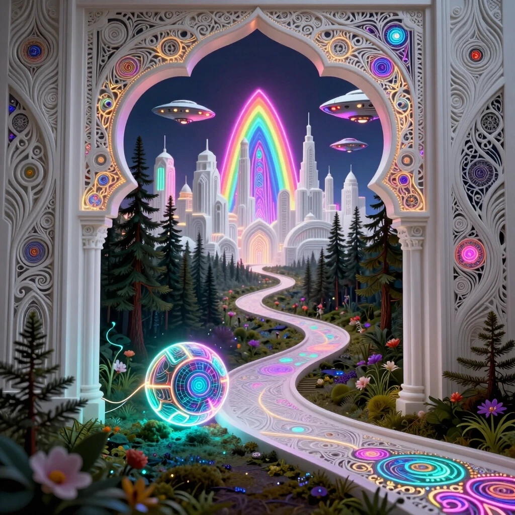 Background: a winding path leading from the forest to a white city. In the middle and far distance, a street in a futuristic ornamental white city with a (thrilling triphobic)…