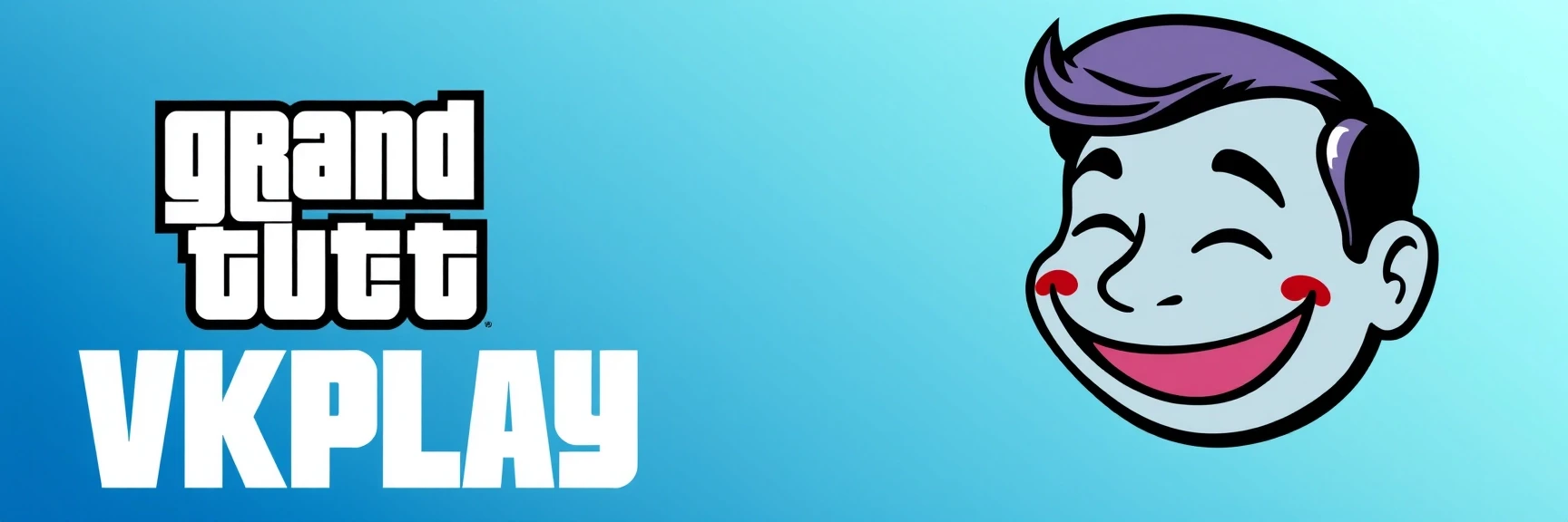 создай изображение, слева логотип VKPLAY справа изображение смайлик Red-John-Smiley-Face из сериала менталист на фоне с градиентным переходом светлых оттенков синего — работа…