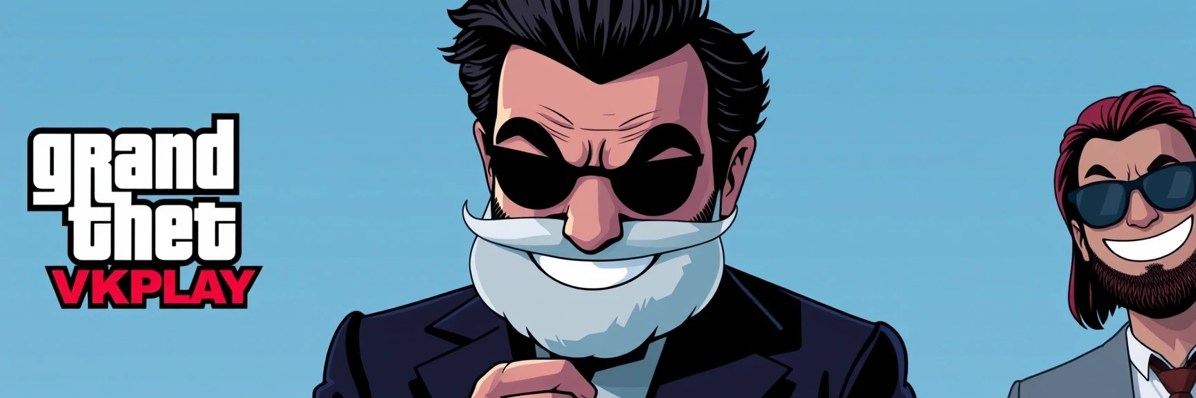 создай изображение, слева логотип VKPLAY справа изображение смайлик Red-John-Smiley-Face из сериала менталист на фоне с градиентным переходом светлых оттенков синего — работа…