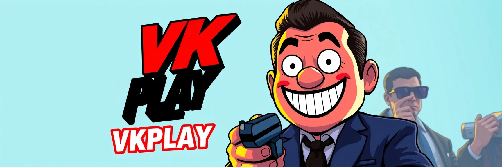 создай изображение, слева логотип VKPLAY справа изображение смайлик Red-John-Smiley-Face из сериала менталист на фоне с градиентным переходом светлых оттенков синего — работа…