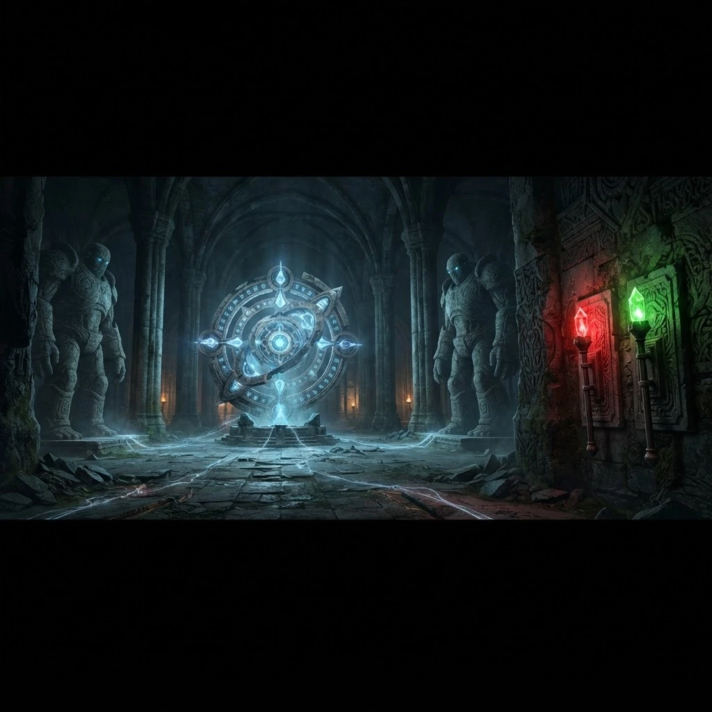 Dark fantasy Dungeons &amp; Dragons dungeon, enormous ancient stone hall, high vaulted ceiling, massive stone columns, dark mysterious atmosphere. Two gigantic stone guardian…