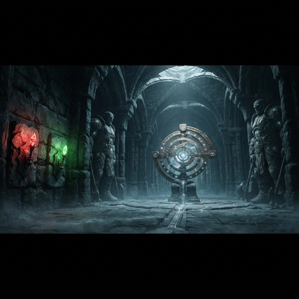 Dark fantasy Dungeons &amp; Dragons dungeon, enormous ancient stone hall, high vaulted ceiling, massive stone columns, dark mysterious atmosphere. Two gigantic stone guardian…