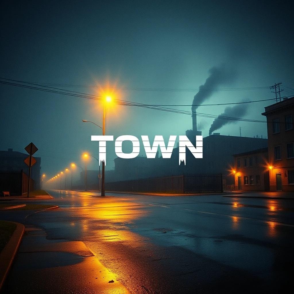 Album cover for a phonk track titled "Town", 1024x1024 pixels. Cinematic view of a menacing Eastern European or American industrial city skyline at 3 AM under heavy…