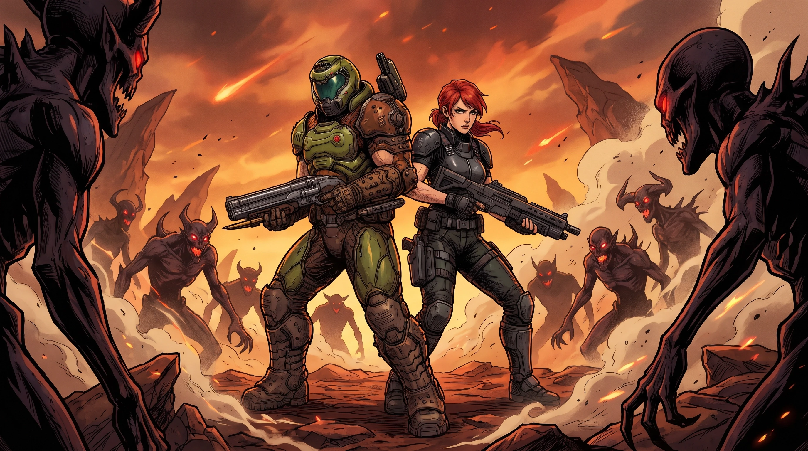 Doom (Франшиза) и Quake (Франшиза), Кроссовер, Думгай и девушка Крэш (Quake), напарники, боевая стойка, спина к спине, на фоне злых демонов, стиль аниме с реалистичными…