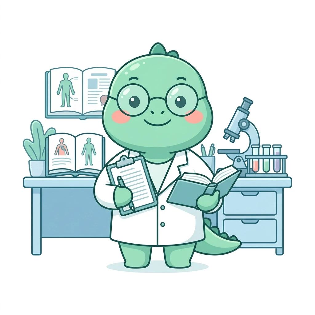 Flat vector illustration, cute green medical mascot character wearing a white doctor's coat and round glasses, standing confidently in front of a medical study desk, holding…
