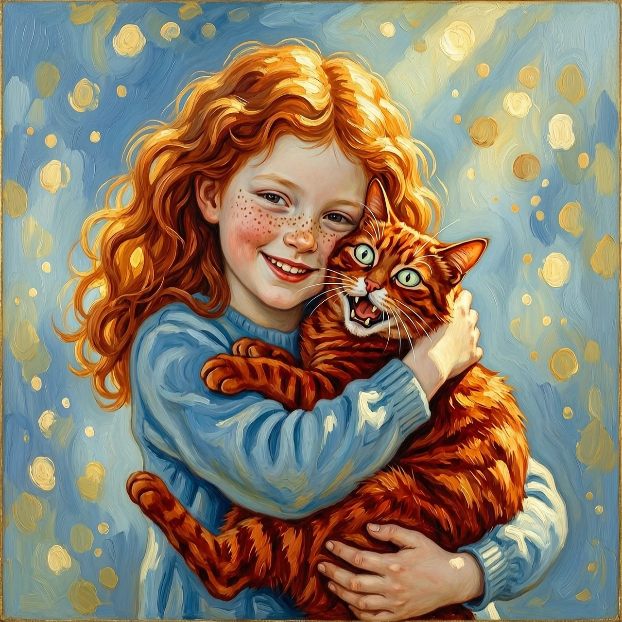 A cheerful red-haired girl holds a big red cat in her arms, hugging it. The girl has fluffy bright red hair, a freckled face, the sun's rays play in her hair, emphasizing…