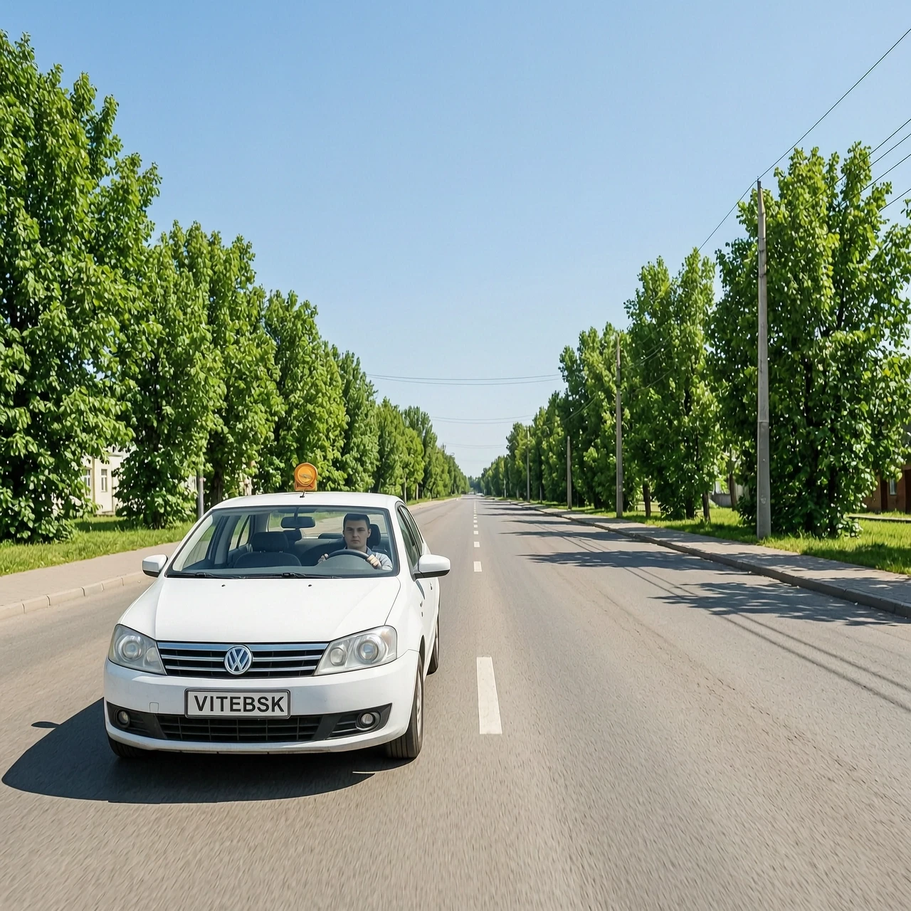 Horizontal format, 4:3 aspect ratio, 1200x900 resolution. A driving school car on a sunny Vitebsk street, instructor and student inside, the road stretches ahead creating a…