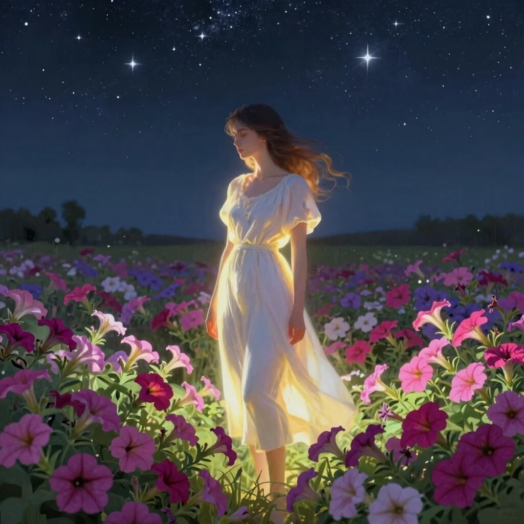 digital painting, woman standing in field of petunias, starry night sky, soft glow around figure, ethereal light, detailed — работа пользователя Золотистый Гидромант