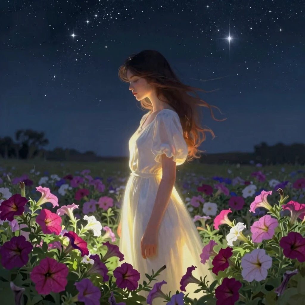 digital painting, woman standing in field of petunias, starry night sky, soft glow around figure, ethereal light, detailed — работа пользователя Золотистый Гидромант
