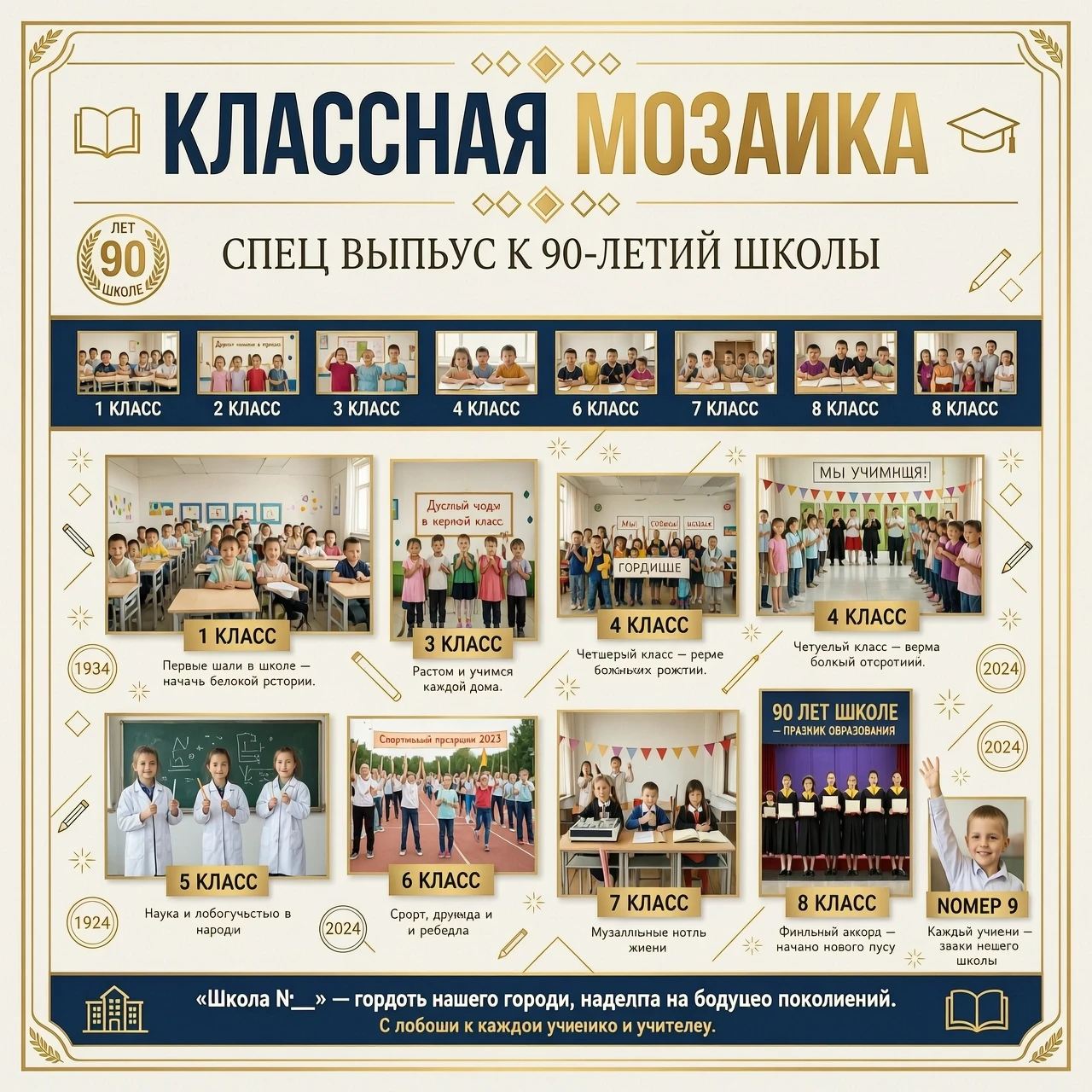 стенгазета к 90-летию школы на тему "Классная мозаика" с содержанием 8-9 фото класса с первого по восьмой и их подписями и картинками. Общий подзаголовок под названием…