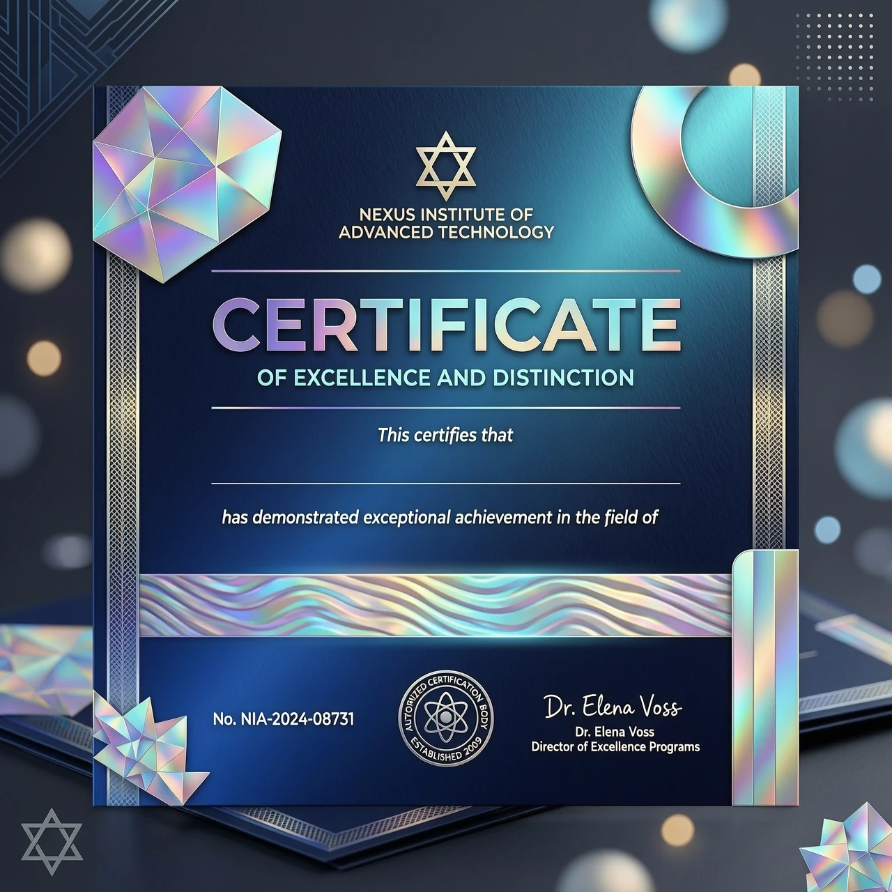 Modern premium certificate design, sleek contemporary aesthetic, dominant palette of deep navy blue, azure, and translucent cyan, sophisticated holographic foil elements with…