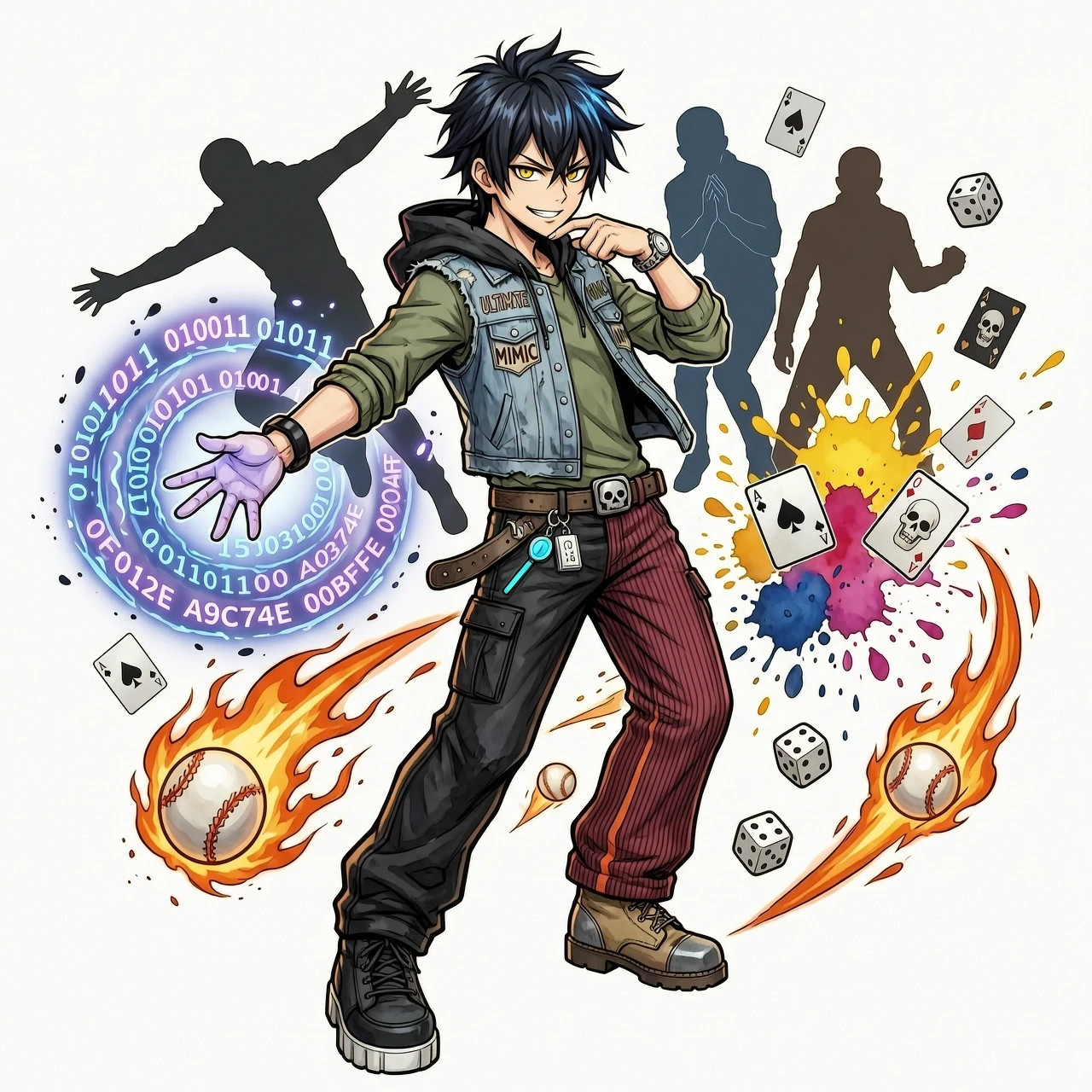 Danganronpa character art style, Ultimate Talent Mimic. A young man with chaotic black hair and sharp golden eyes, smirking confidently. Dynamic action anime pose. He is…