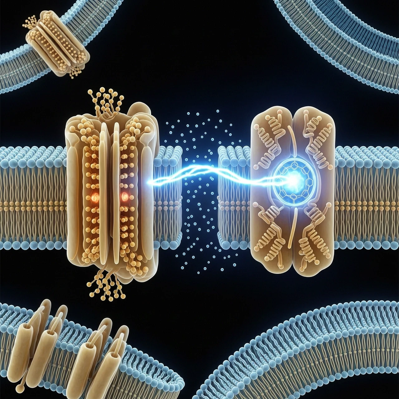 Scientific 3D visualization of a mitochondrial cristae junction during muscle contraction. The intercristal space is narrowing significantly. An electron transfer pathway…