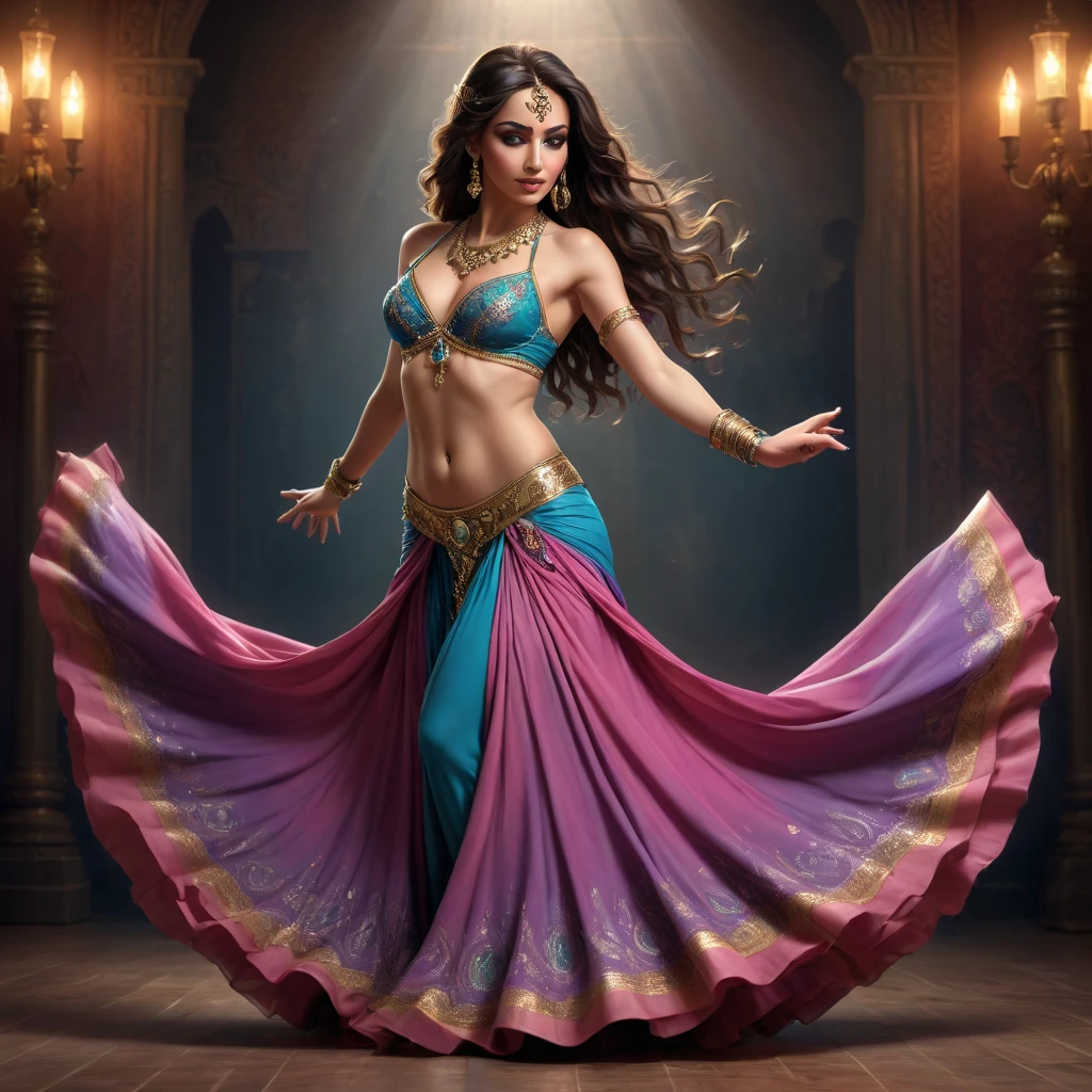 Professional belly dancer. Full-length. Flowing skirt. Back in a half-turn. Vector. Single color. — работа пользователя Интригующая Саламандра