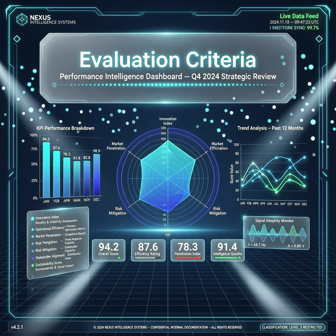 Futuristic high-tech conceptual visualization for a presentation slide, "Evaluation Criteria" theme, sleek modern aesthetic of the future. A sophisticated composition…