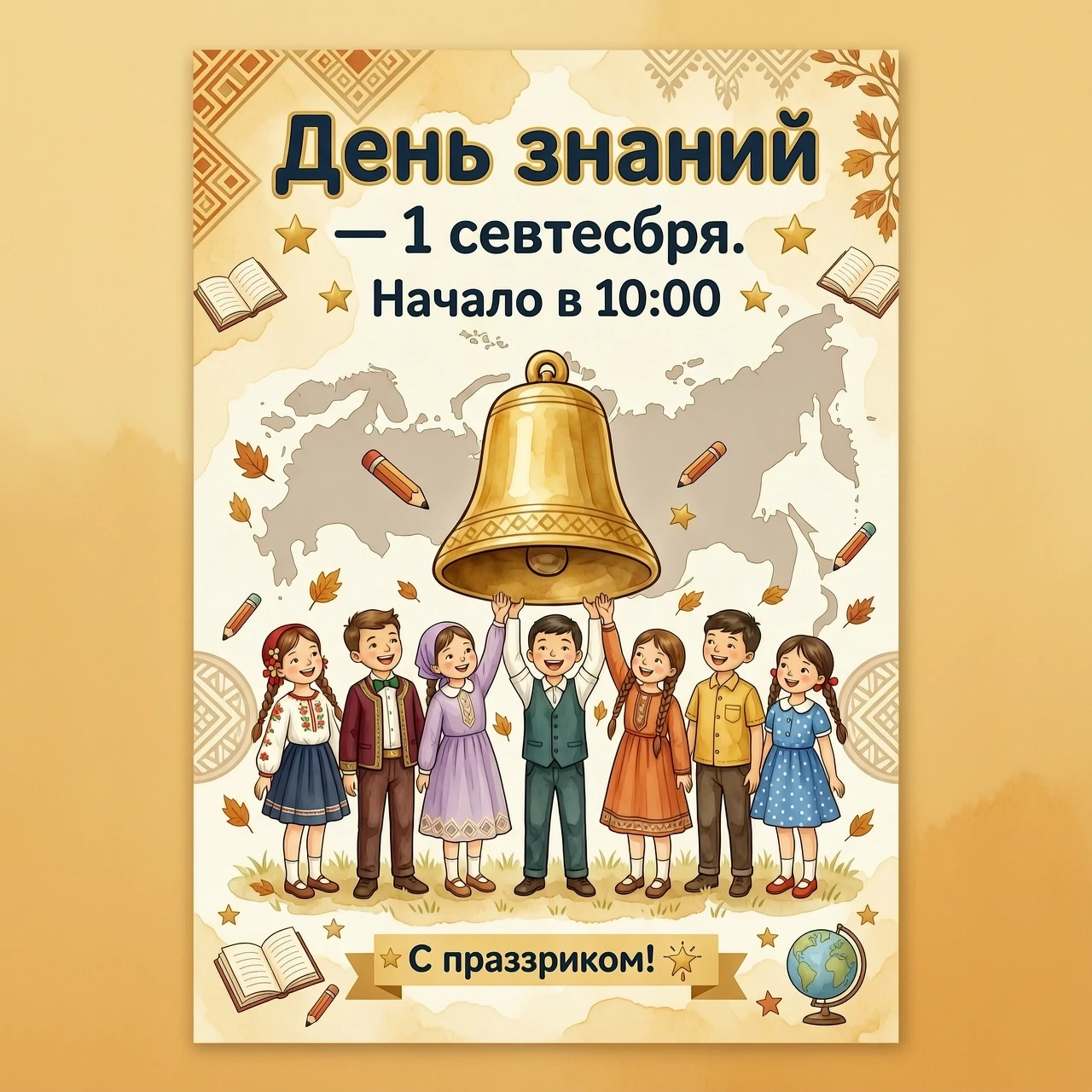Яркая праздничная афиша ко Дню знаний. В центре — группа детей разных национальностей в школьной форме, они вместе держат большой золотой школьный звонок. На фоне — лёгкие…
