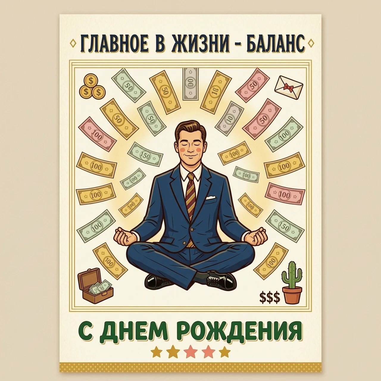 На изображении представлен белый мужчина в офисном костюме, сидящий в классической позе лотоса. Вокруг медитирующего мужчины в воздухе парят денежные купюры различных номиналов.…