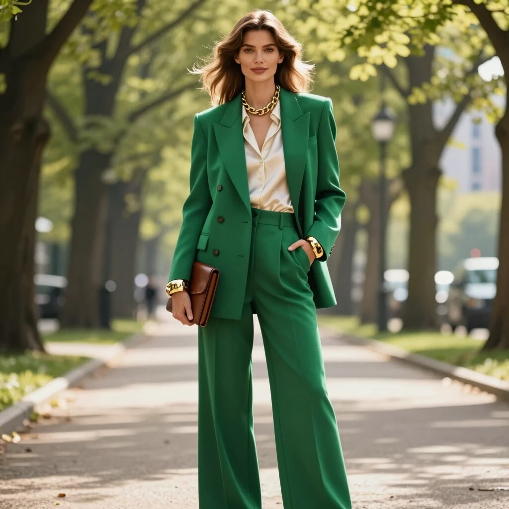 A full-body spring portrait of a female model with classic European features (fair skin, high cheekbones, light brown hair gently tousled by the breeze), standing confidently on…