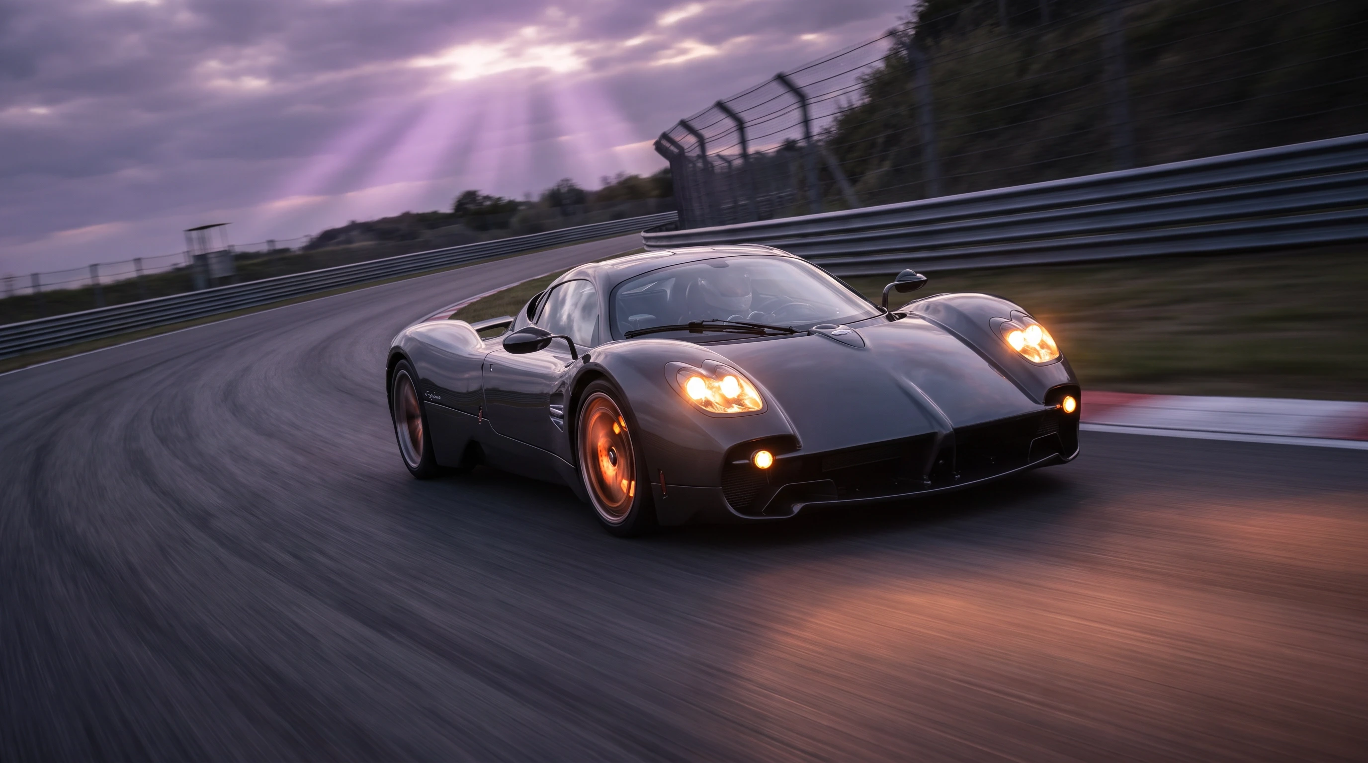 Pagani Utopia, едет по гоночной трассе, эпичный ракурс, фиолетовые лучи, горящие фары, эффект скорости, кинематографичная съёмка, шедевр — работа пользователя Весенний Герой