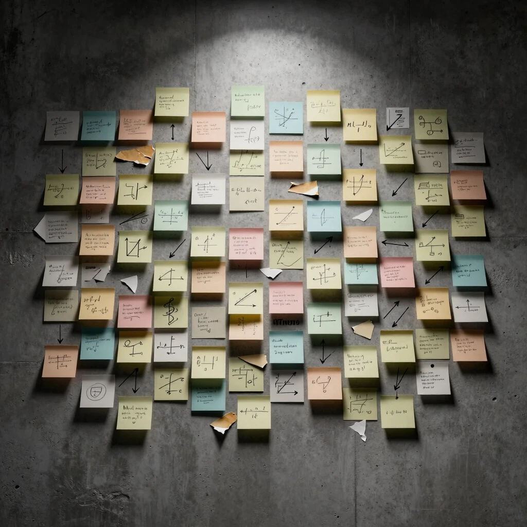 Prompt: A high-detail realistic wide shot, 8k. A grey concrete wall transformed into a giant mood board, covered in hundreds of overlapping square sticky notes in various muted…