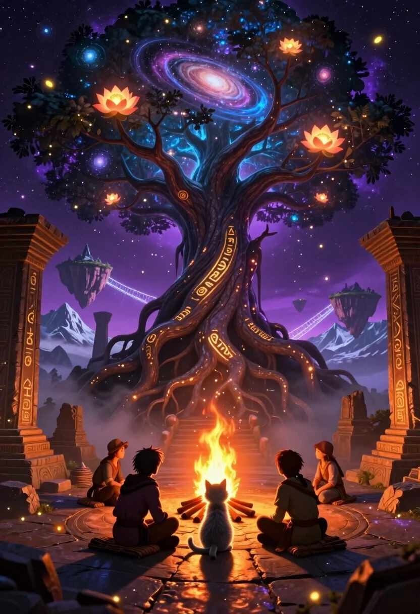 Epic fantasy digital art, hyper-detailed, 8K, Greg Rutkowski style. A cosmic tree rises from the center of a crumbling ancient temple, its roots weaving through the ruins and…