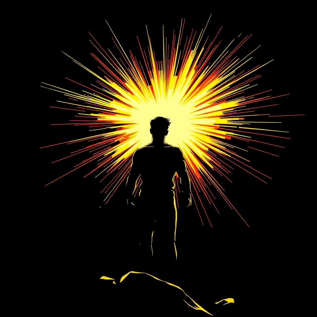 A human silhouette radiating golden light, rising above the darkness, comic book style with cinematic dramatic lighting, dark graphic novel aesthetic, bold black outlines, no…