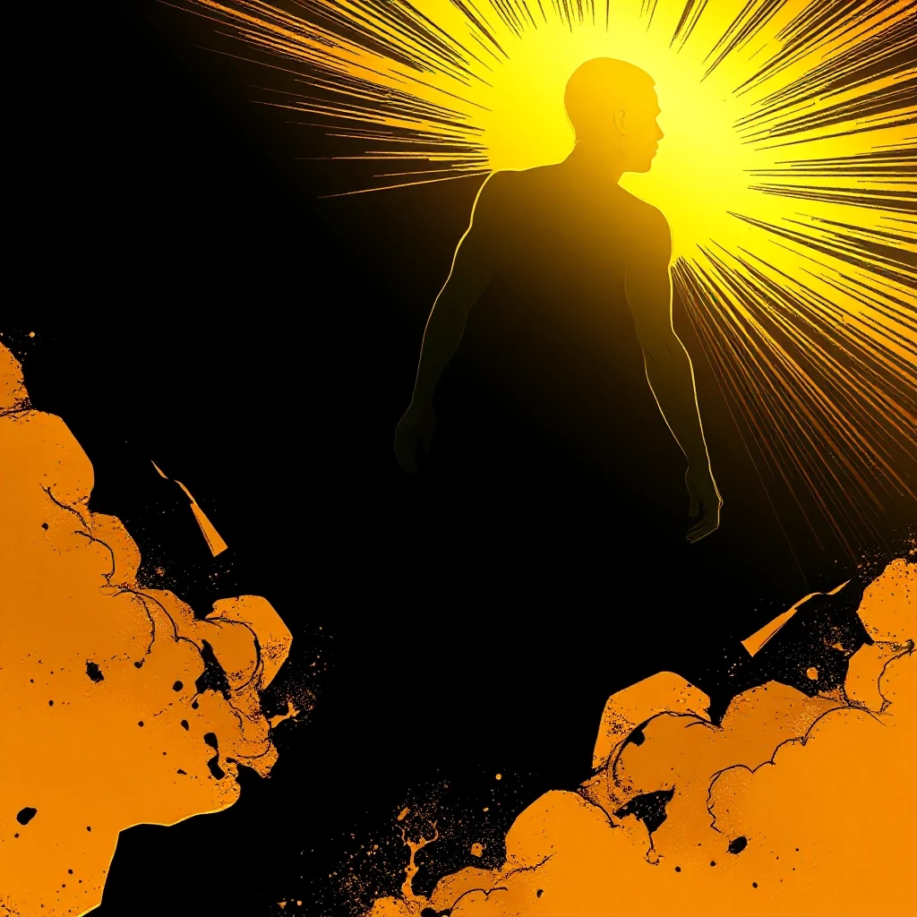 A human silhouette radiating golden light, rising above the darkness, comic book style with cinematic dramatic lighting, dark graphic novel aesthetic, bold black outlines, no…