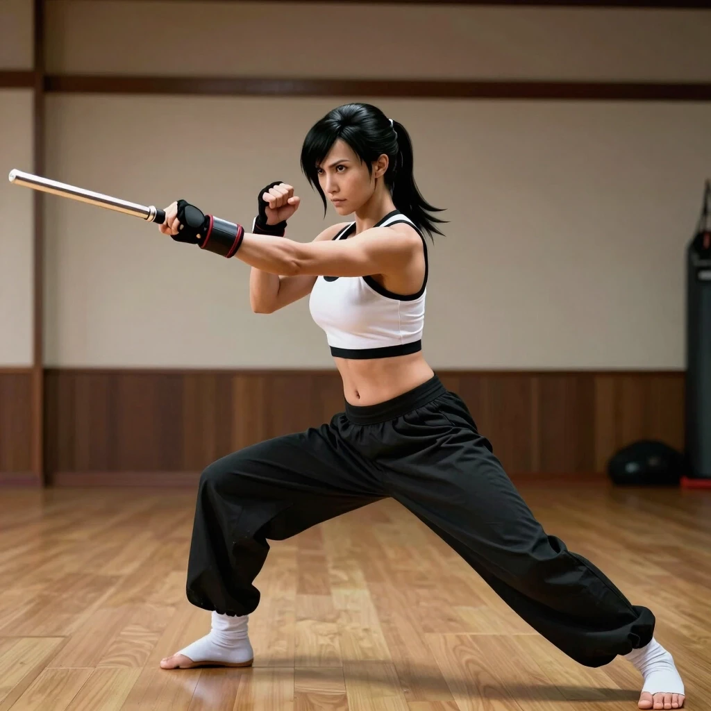 Tifa Lockhart practices with a combat staff in the dojo — работа пользователя Солнечный Лазурь