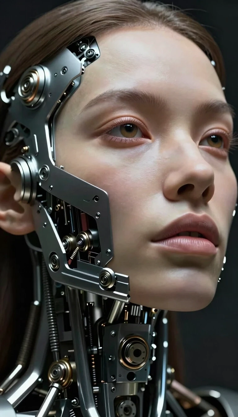 bottom view, ultra close-up. Woman's face entirely made of mechanical interior, no skin, complex machinery aesthetic, detailed, cyberpunk, portrait, artistic composition,…