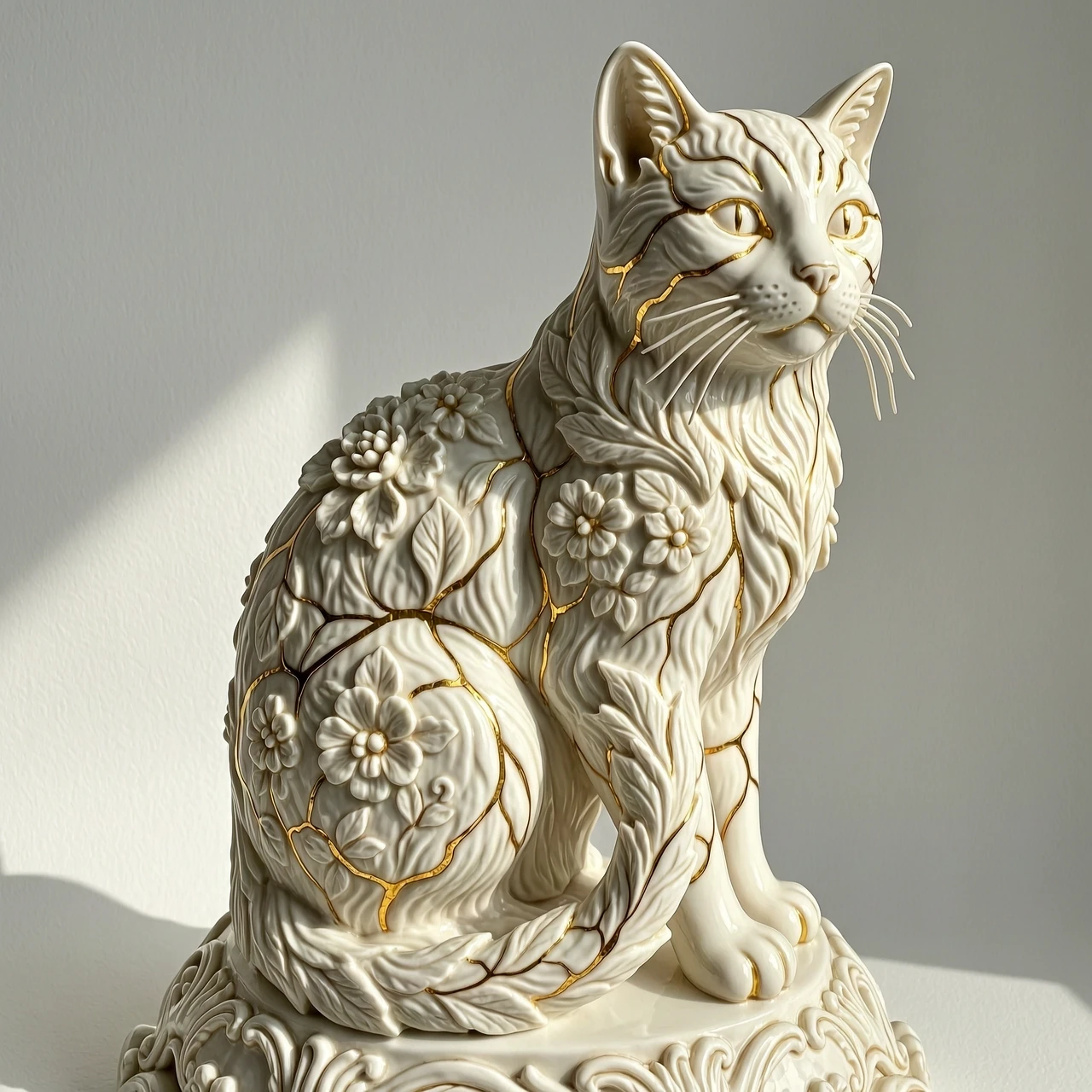 Digital image in Baroque and rocaille style with elements of kintsugi technique. Close-up. (Decorative sculpture made of white porcelain: 1.5). Golden cracks. Volume. The…