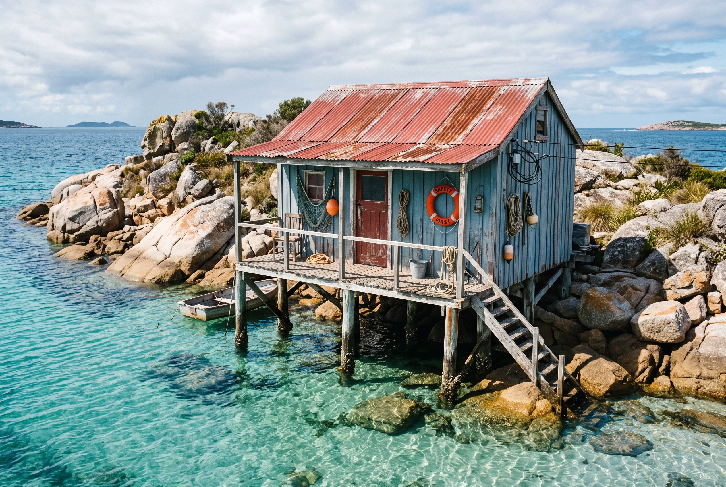 A weathered wooden fishing shack on a small island stands on sturdy timber stilts anchored among large sun-bleached granite boulders in crystal clear shallow turquoise water.…