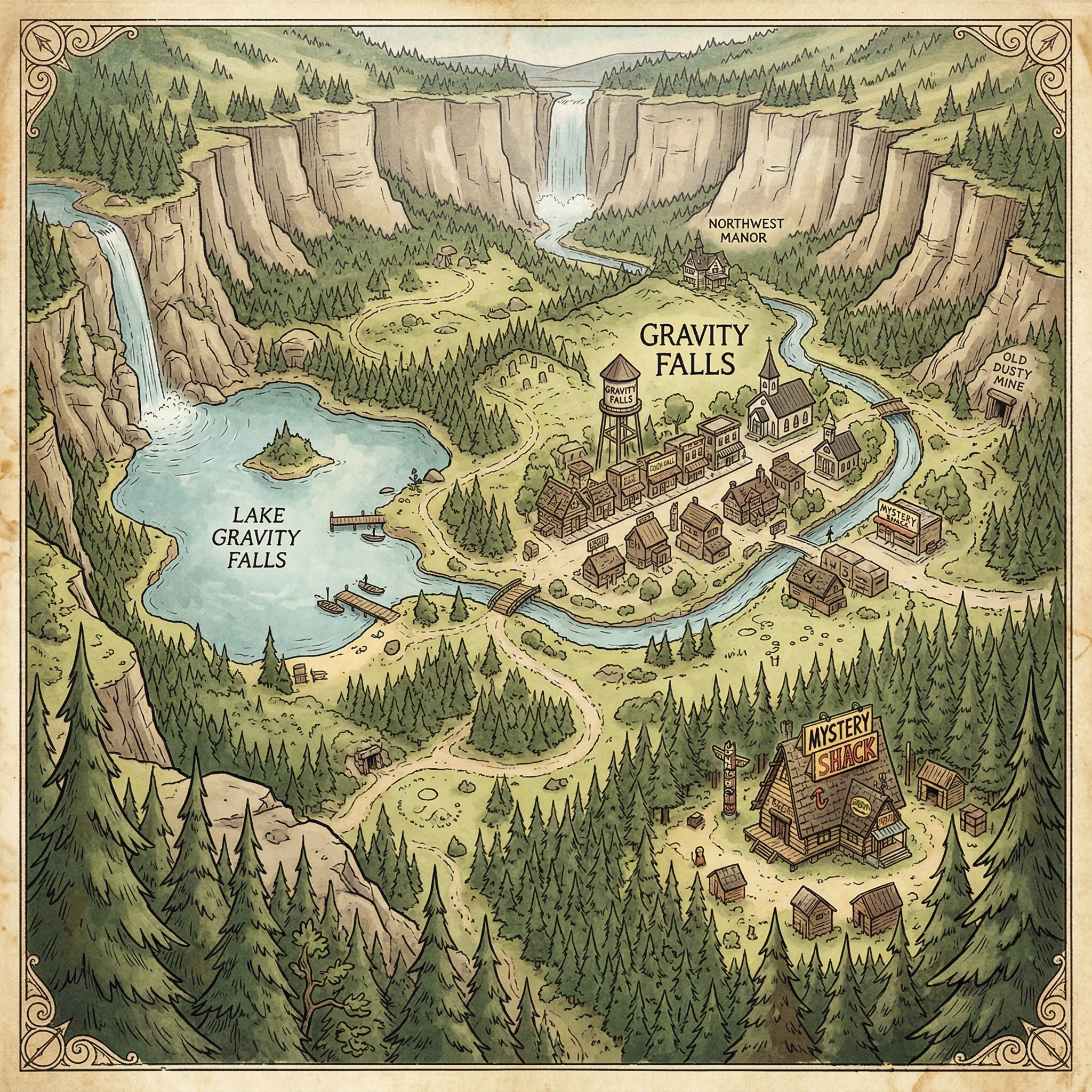 highly detailed hand‑drawn panoramic map of the town of Gravity Falls and its valley, map closely based on the official Gravity Falls valley illustration, same composition and…