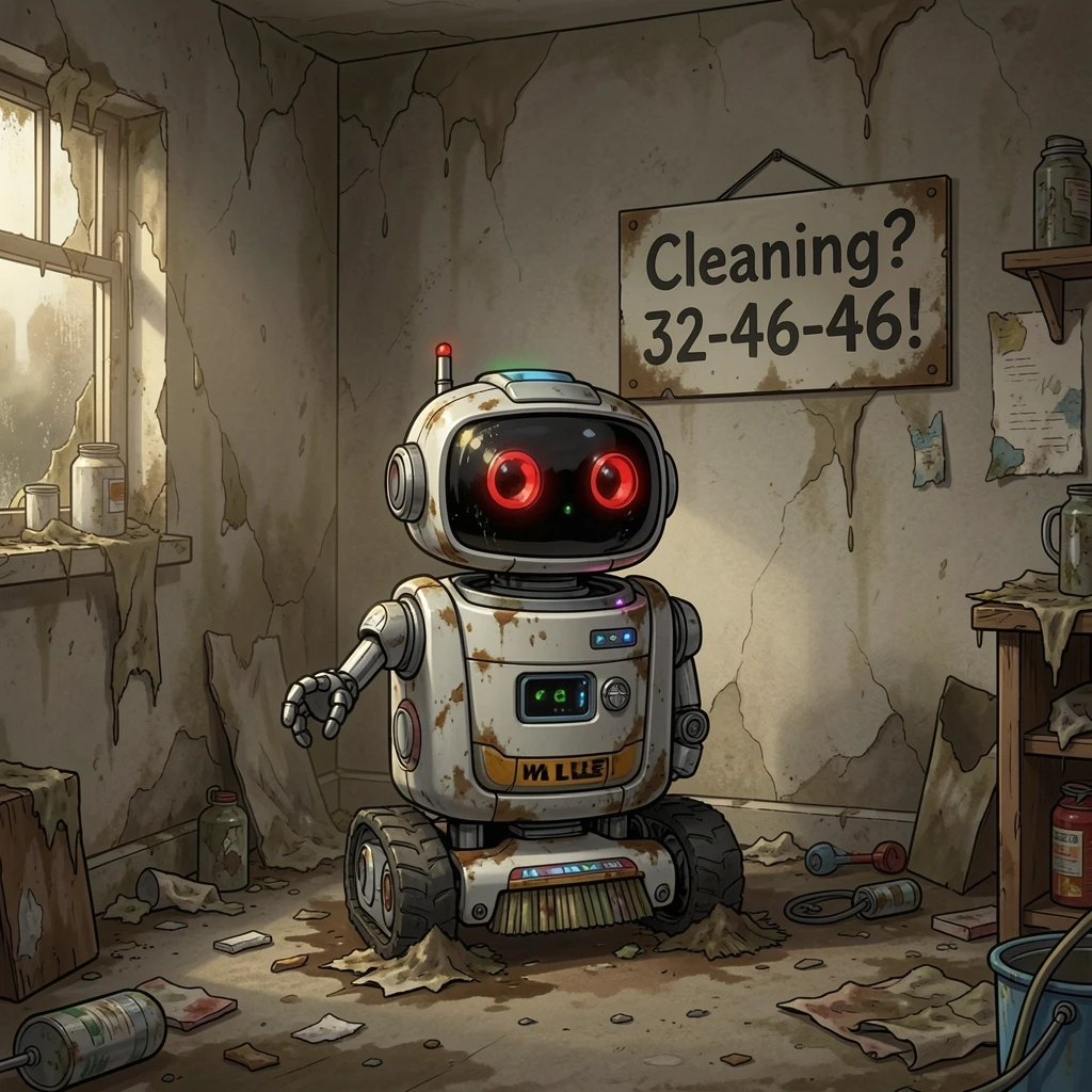 The cleaning robot from the cartoon WALLE. The room is dirty, and there’s a sign on the wall that reads “Cleaning? 32-46-46!” — работа пользователя Искристая Вспышка