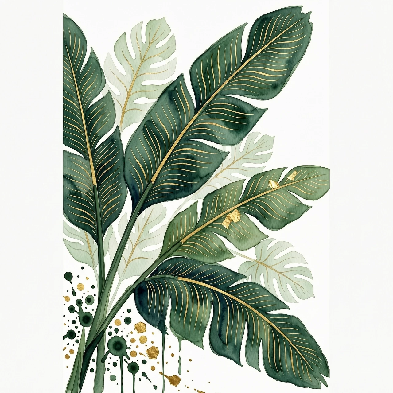 Minimalist botanical watercolor poster, dark green tropical banana leaf and monstera leaves extending diagonally upwards from bottom left, pale white translucent leaf…