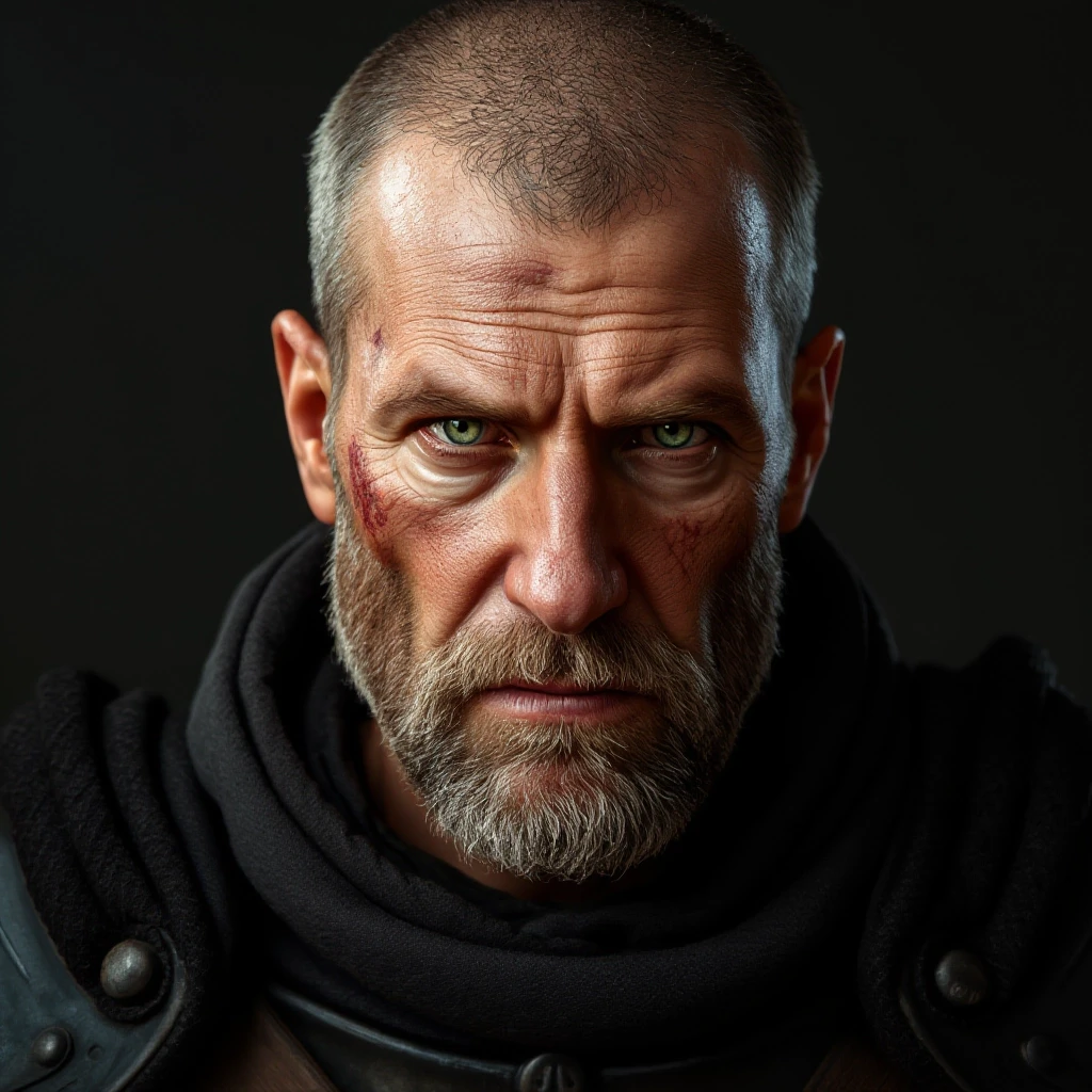 A middle-aged man with a calm gaze, green eyes, and a crusader's uniform with black armor. He has scars from the past on his face. He doesn't have a beard and has a…