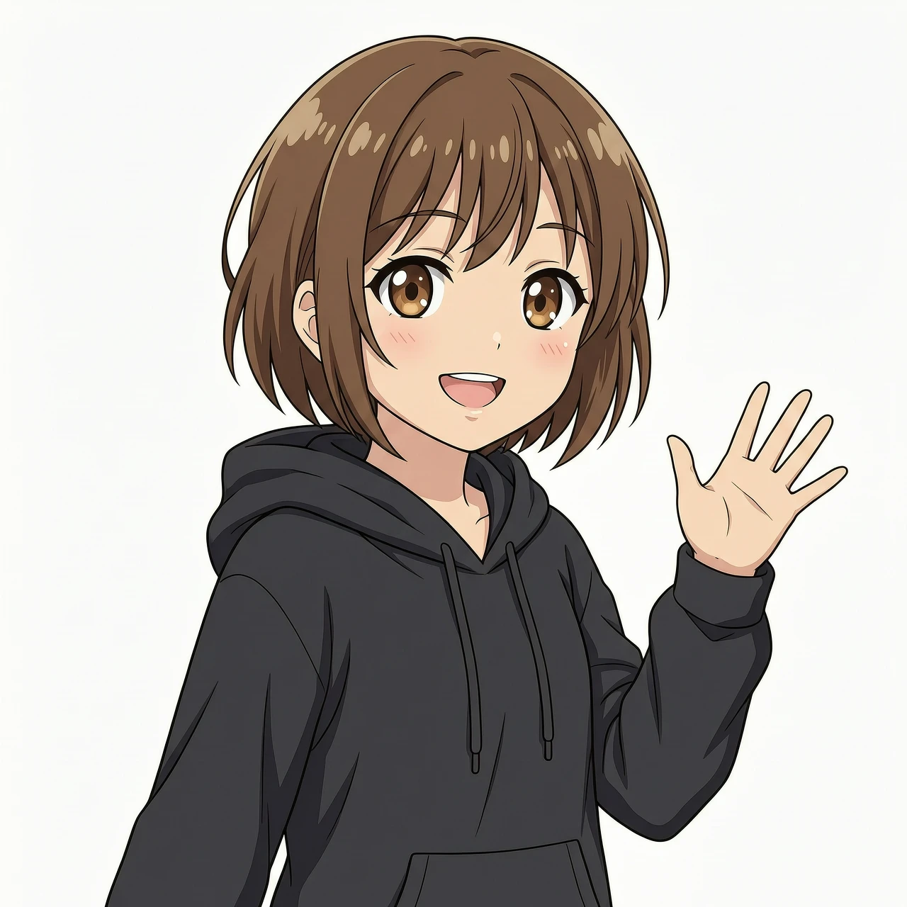 anime style, high quality anime aesthetic, 2D anime style, full-grown anime girl, short brown hair, expressive brown eyes, wearing an oversize black hoodie, solid crisp white…