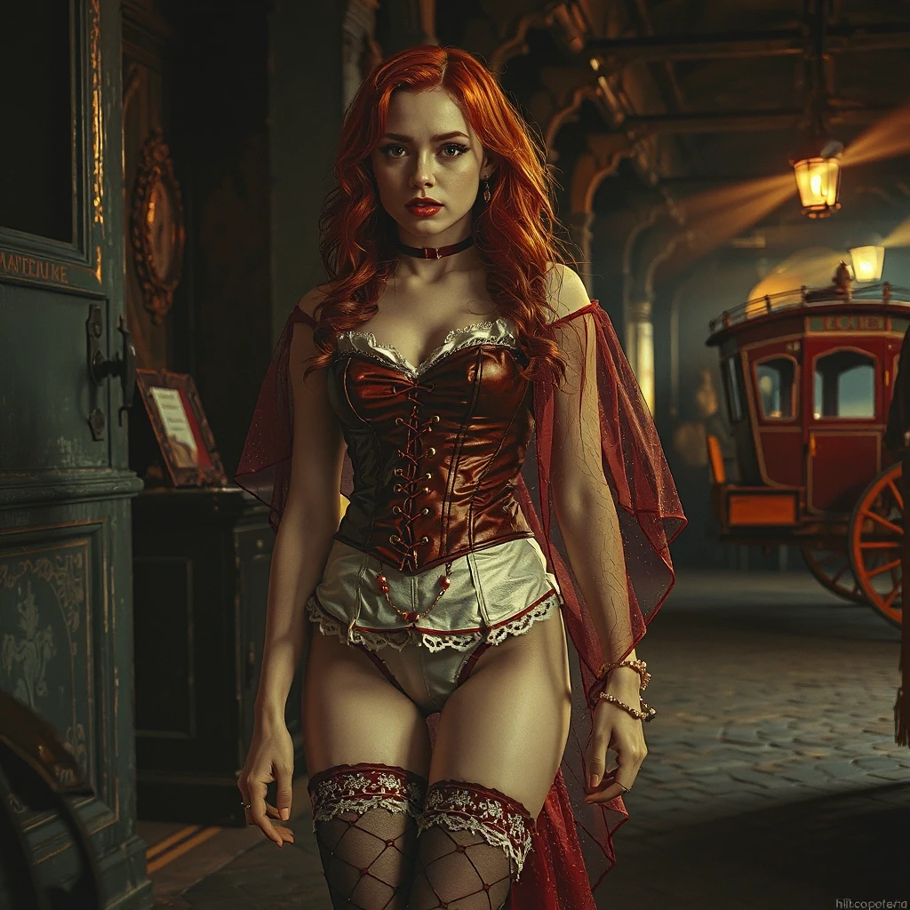 (masterpiece, official art, saturated background: 1.2), black background, Vampire City. A vampire girl is standing near the carriage. Red wavy hair. The lips are brightly…