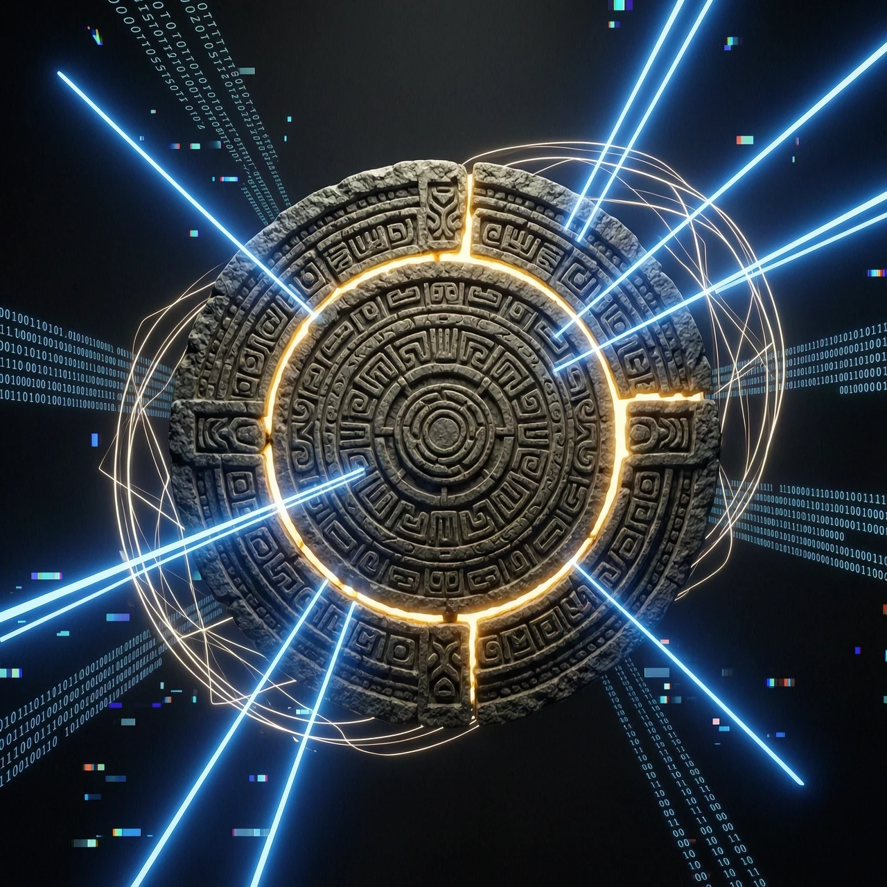 Cinematic wide shot of an ancient Mayan calendar floating in absolute pitch-black void, crafted from weathered dark volcanic stone with intricate, hand-carved ritualistic…