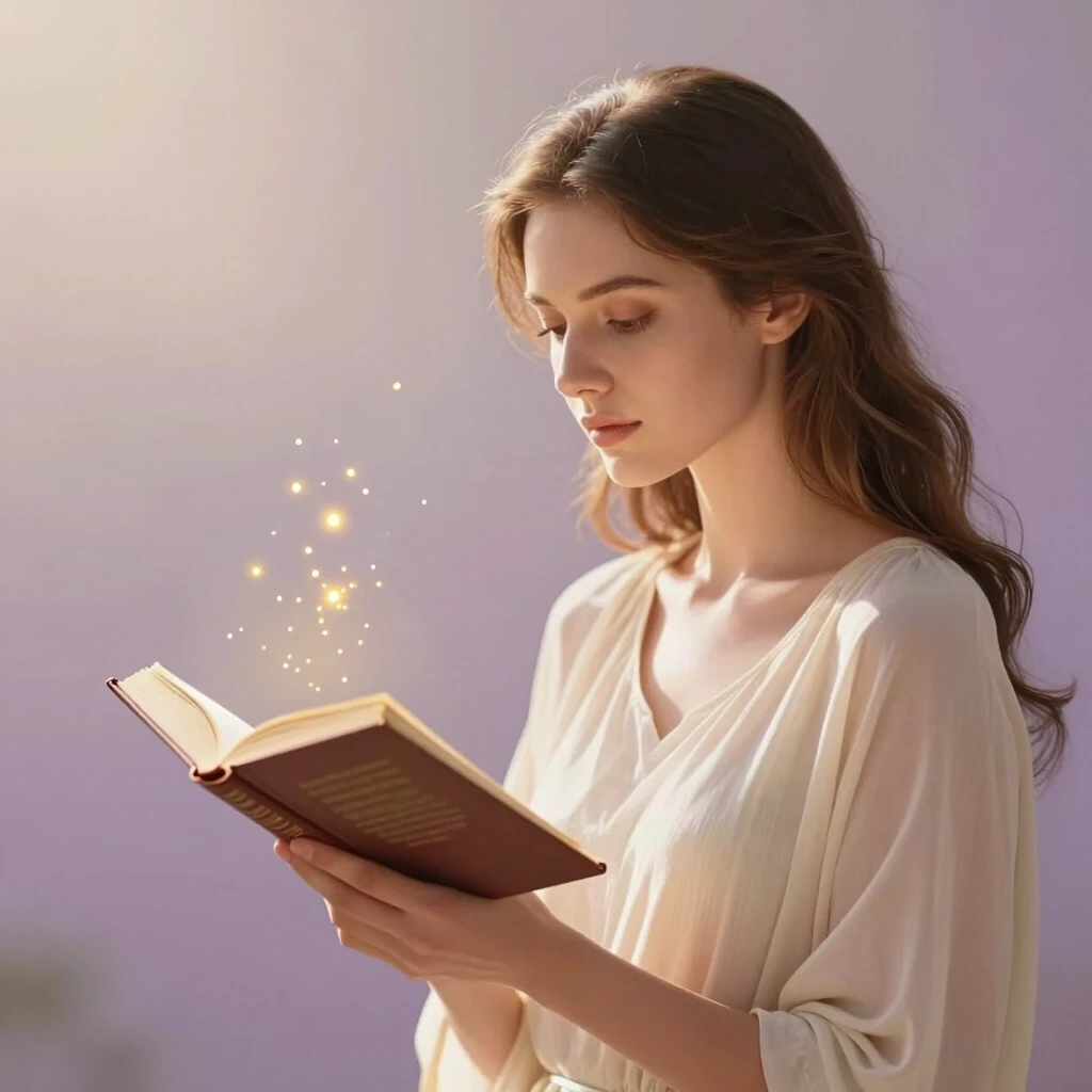A beautiful woman standing in soft light, reading a prayer from an open book held in her hands. Gentle golden sparkles float in the air, creating a sense of sacred stillness and…