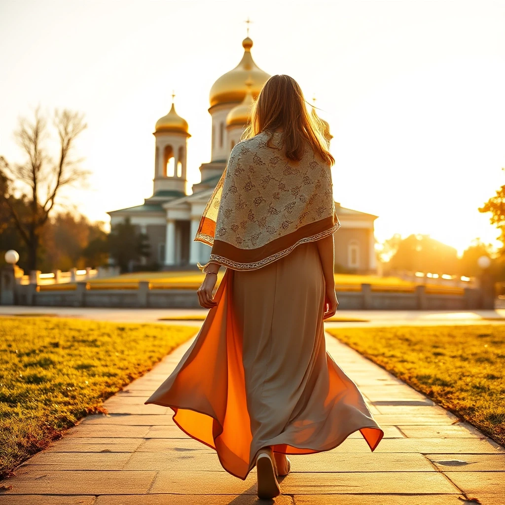 A beautiful woman walking toward a majestic Orthodox church, her figure softly illuminated by warm golden light. She wears a beautiful long floor-length dress made of…
