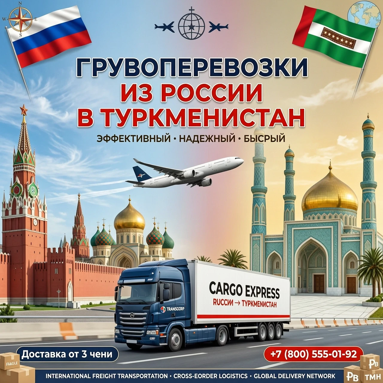 грузоперевозки ИЗ РОССИИ В ТУРКМЕНИСТАН , фон кремль с одной стороны плавный переход на другую сторону с изображением Мечеть Туркменбаши Рухы, Кипчак. добавить самолет в небе,…