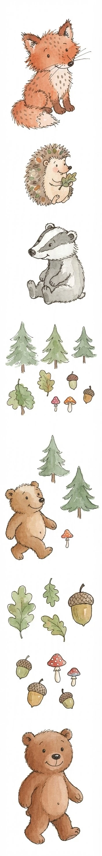 A delightful and naive children's book clipart set sheet, featuring sweet, quirky woodland animal babies and simple forest elements in the classic watercolor-and-ink style…