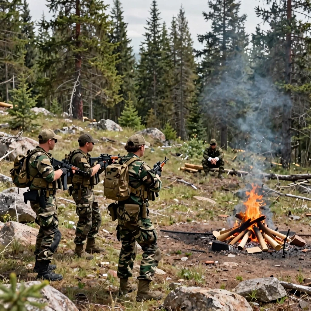 Хвойный лес. На склоне холма стоят трое вооружённых мужчин в камуфляже и бейсболках Оружие отечественного производства. Небольшой костёр. В отдалении возле дерева сидит ещё…
